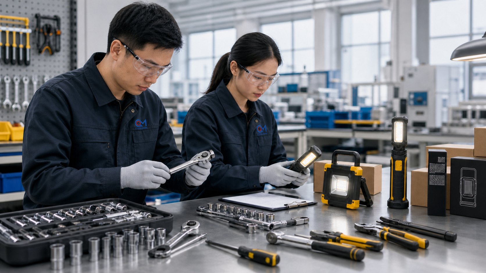 Quality inspection team checking tools and work lights in a workshop