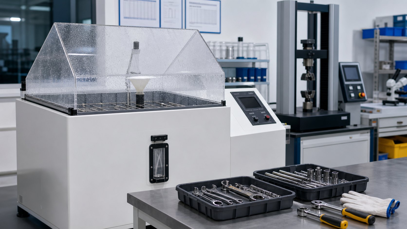 Salt spray corrosion test chamber for tool parts